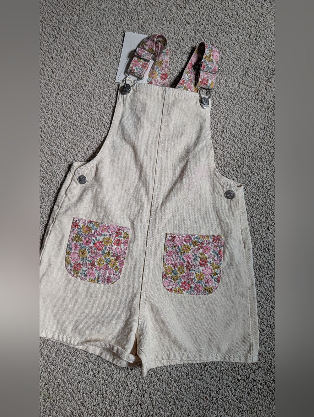 Zara Cream Short Overalls with Pink Floral Pockets
